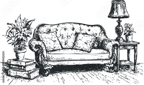 Ornate Tufted Sofa with Potted Plant and Table Lamp Sketch