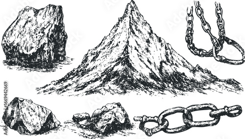 Collection of hand drawn sketchy mountains and chains on a white background