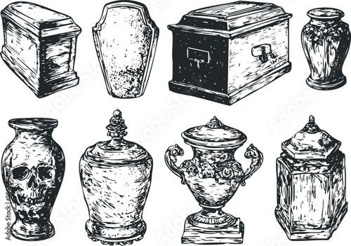 Collection of antique burial urns and coffins in a hand-drawn sketch style