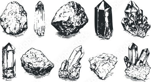Assortment of Hand Drawn Crystal Formations and Raw Stones
