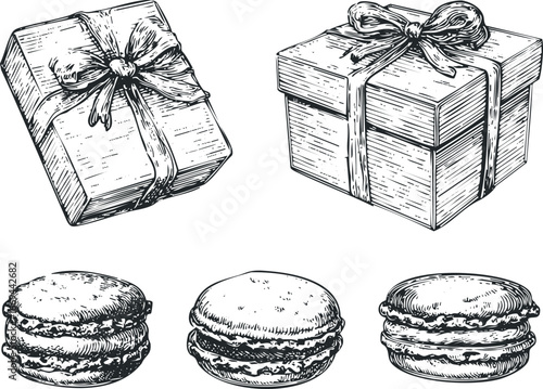Hand Drawn Sketches of Gift Boxes and Macarons