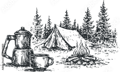 Sketch of a Camping Scene with Campfire and Coffee Pot