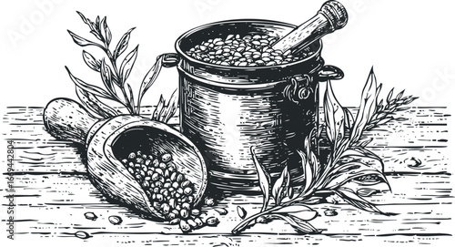 Vintage mortar and pestle with beans and leaves on wooden surface