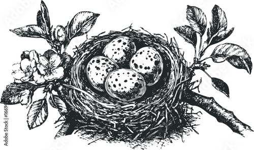Nest with speckled eggs and blooming branches in a vintage sketch style