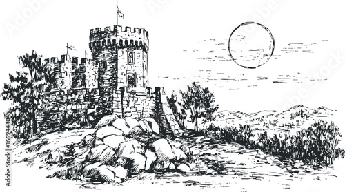 Medieval stone castle with ramparts and tower under a textured sky