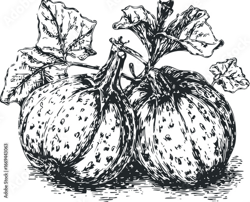 Two Gourds with Leaves in a Textured, Ink-Style Drawing