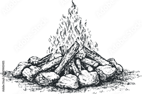 Campfire with logs and stones on grassy ground