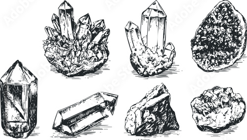 Collection of Hand-Drawn Mineral Crystal Illustrations