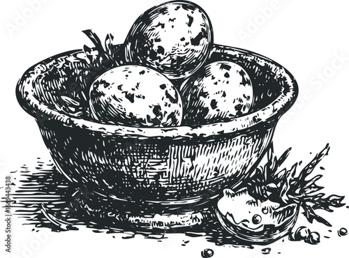 Textured speckled eggs in a rustic bowl with foliage