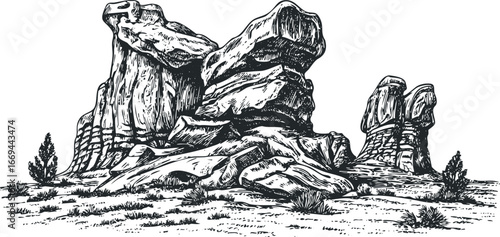 Black and White Sketch of Jagged Rock Formations in a Desert Landscape
