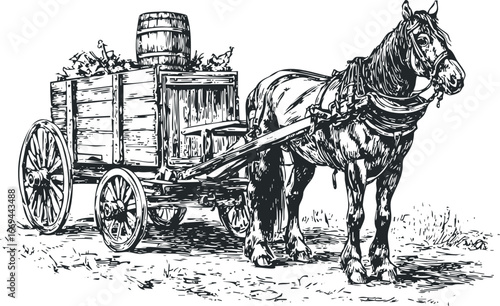 Horse pulling wooden wagon filled with hay and barrel