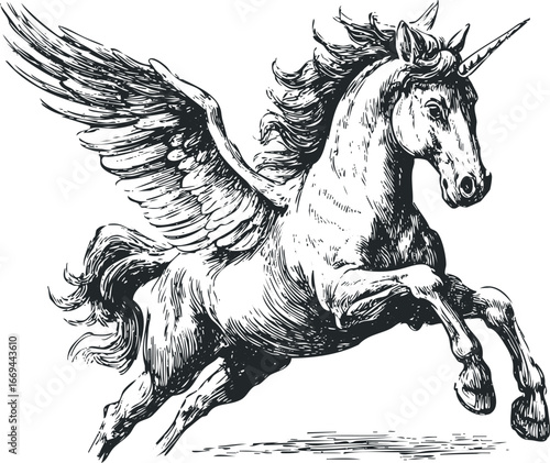 Winged unicorn in dynamic pose with flowing mane and tail