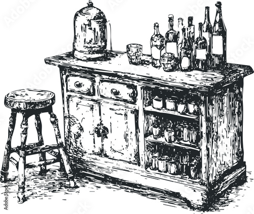 Vintage wooden bar counter with bottles and stool in sketch style
