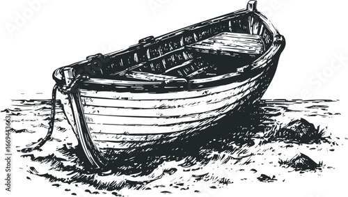 Wooden Rowboat Resting on a Sandy Shoreline During a Calm Day