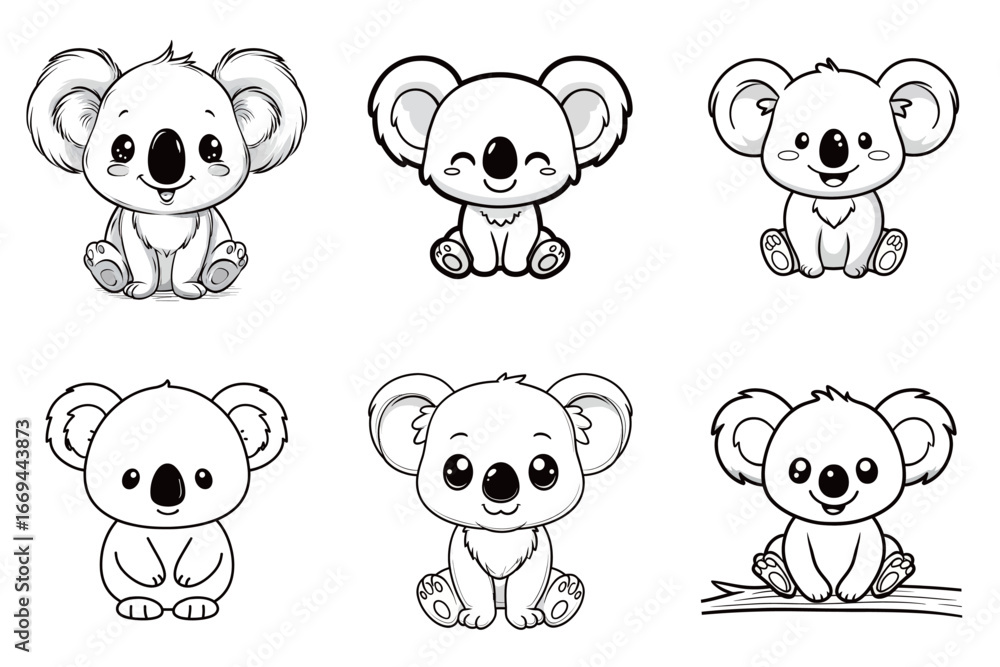 Six adorable koala illustrations showcase their playful expressions and poses, perfect for coloring books or craft activities for children. Each design features a happy, cuddly koala. Six adorable koala illustrations showcase their playful expressions and poses, perfect for coloring books or craft activities for children. Each design features a happy, cuddly koala.
