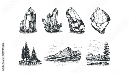 Vintage Hand Drawn Crystal Clusters and Mountain Landscapes. Vector hand drawn illustration