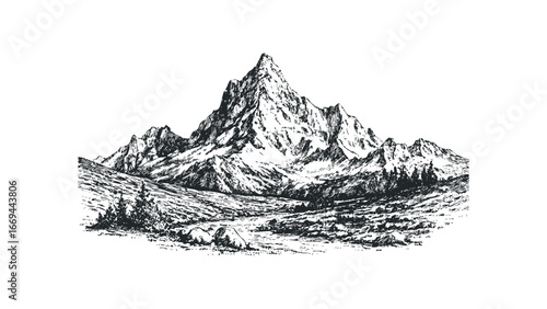 Detailed sketch of a majestic snow-capped mountain peak surrounded by rugged terrain and pine trees. Vector hand drawn illustration