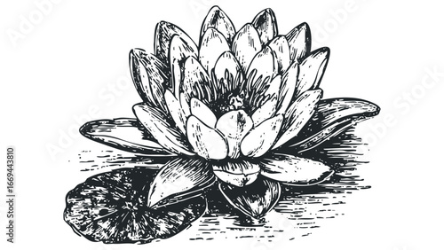 Detailed sketch of a blooming water lily plant with prominent petals and floating leaves. Vector hand drawn illustration