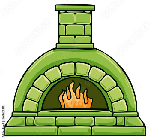 Cartoon illustration of a traditional brick oven with a burning fire inside