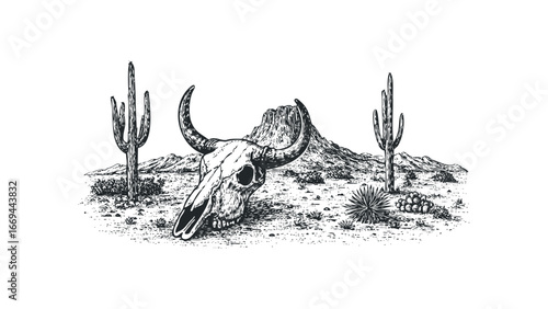 Bull Skull with Saguaro Cactus and Desert Mountains in Monochrome Drawing. Vector hand drawn illustration