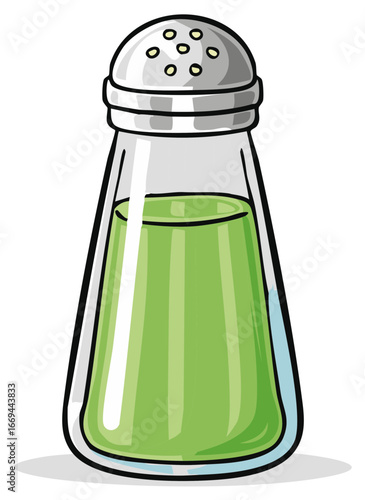 Hand drawn cartoon illustration of a clear glass shaker bottle with green contents and metal cap