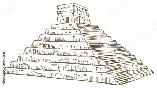 Hand-drawn sketch of a stepped pyramid with a temple at the top, reminiscent of Mesoamerican architecture, vector art