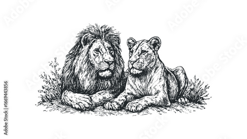Line art drawing of a male lion and lioness resting together in grassy terrain. Vector hand drawn illustration