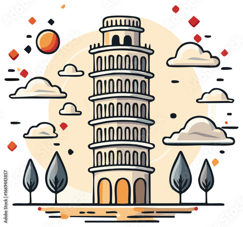 Stylized illustration of a leaning tower with sky elements