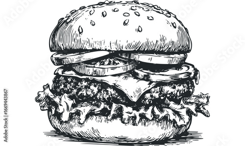 Detailed Sketch of a Generous Hamburger with Lettuce and Cheese. Vector hand drawn illustration
