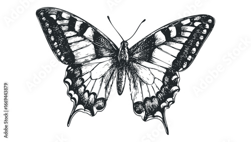 Monarch butterfly with detailed black and white sketch on white background. Vector hand drawn illustration