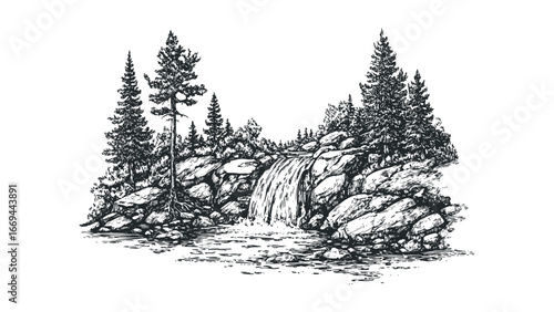 Black and white ink sketch of a forest waterfall cascading over rocks with pine trees. Vector hand drawn illustration