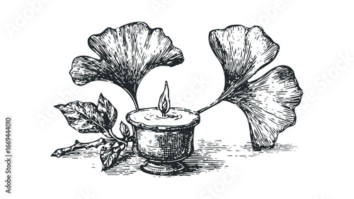 Etching of a lit candle with ginkgo leaves. Vector hand drawn illustration