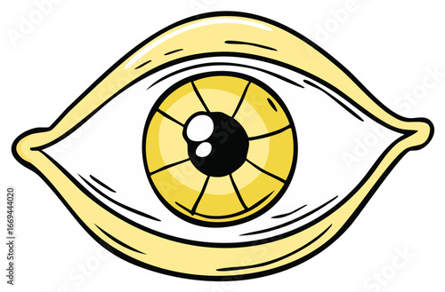 Stylized yellow all seeing eye symbol illustration in a simple graphic cartoon style