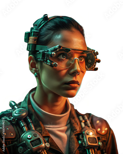 Woman in Tech Goggles, she's interacting with augmented reality or a virtual interface.