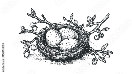 Hand-drawn bird nest with three speckled eggs nestled among branches and leaves. Vector hand drawn illustration
