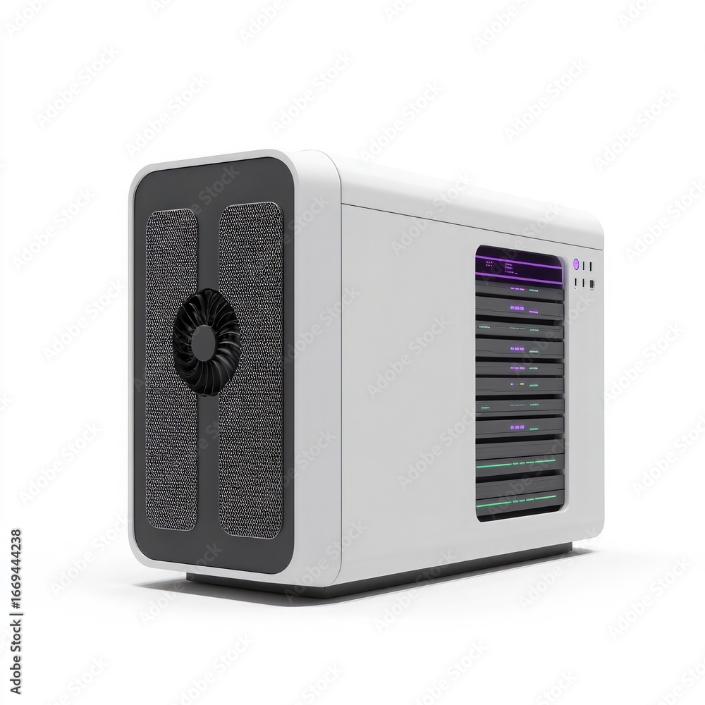 Fototapeta premium Isolated White Server Rack with Cooling Fan and Illuminated Data Slots