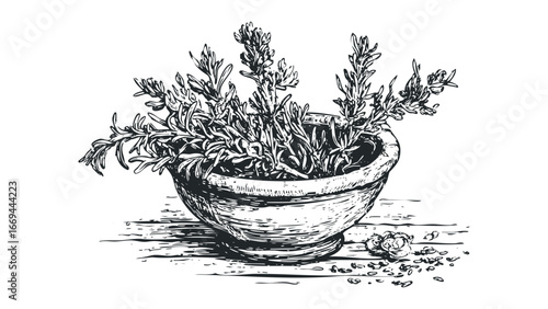 Herbal Plant in Pot with Scattered Seeds on Wooden Surface. Vector hand drawn illustration