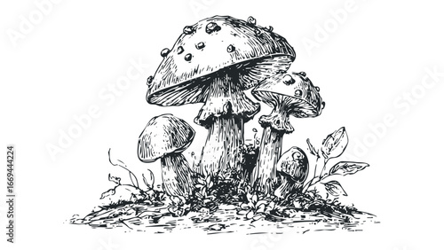 Group of four detailed ink sketch mushrooms with cap spots and foliage. Vector hand drawn illustration