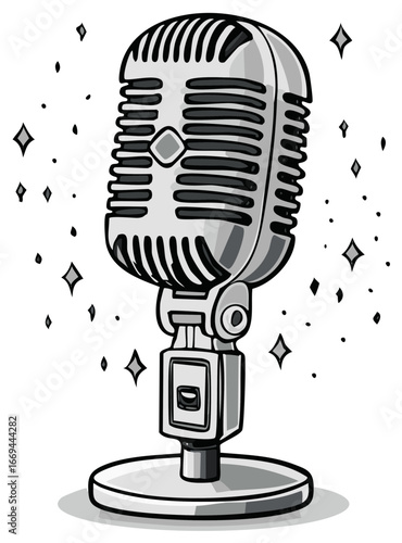 Vintage microphone with sparkles and dots symbolizing audio or performance