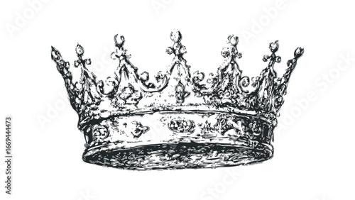 Detailed Hand Drawn Black and White Regal Crown with Intricate Scrollwork. Vector hand drawn illustration