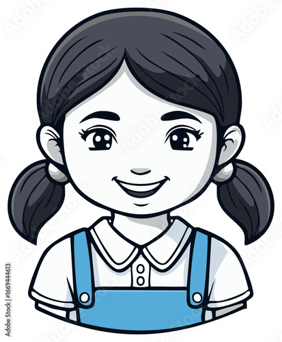 Cartoon illustration of a smiling young girl with pigtails wearing blue overalls