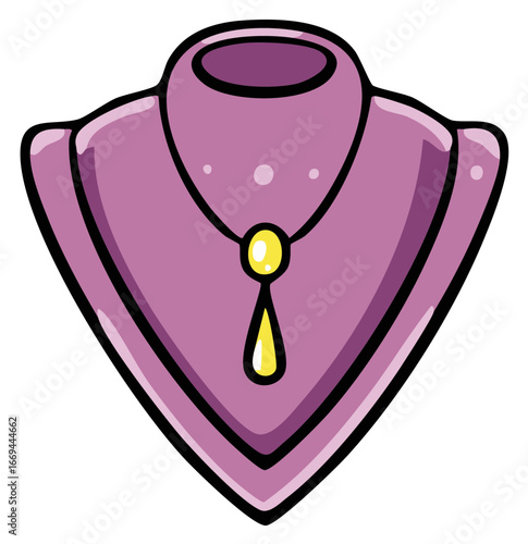 Vibrant cartoon illustration of a purple necklace display bust holding a shiny yellow pendant