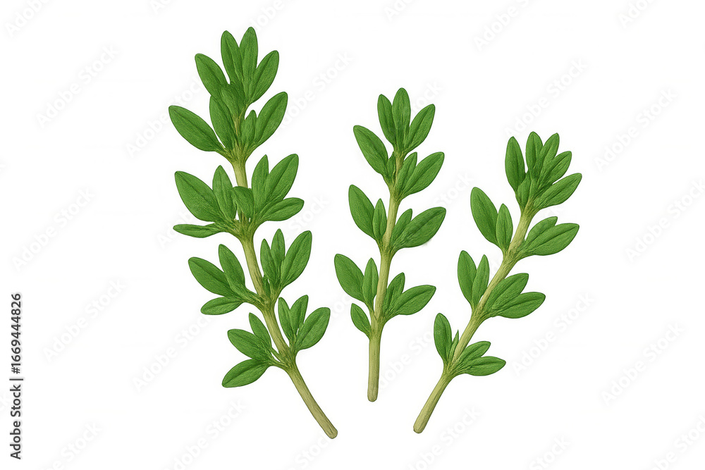 Obraz premium Sprigs of fresh thyme with vibrant green leaves isolated on a transparent background, ideal for culinary or botanical projects