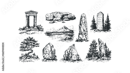 Collection of Ancient Structures and Natural Elements in Sketch Style. Vector hand drawn illustration