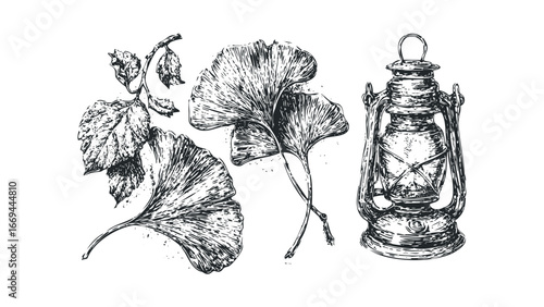 Ink drawing of ginkgo leaves and an old kerosene lantern on a white background. Vector hand drawn illustration