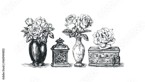 Vintage sketch of roses in vases and decorative boxes. Vector hand drawn illustration