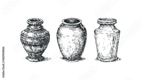 Three antique ceramic jars with diverse shapes and textured surfaces. Vector hand drawn illustration