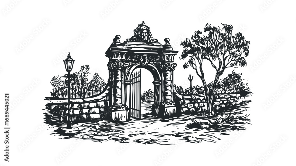 Fototapeta premium Ornate Archway Gate Entrance with Lamp Post and Tree Scene. Vector hand drawn illustration