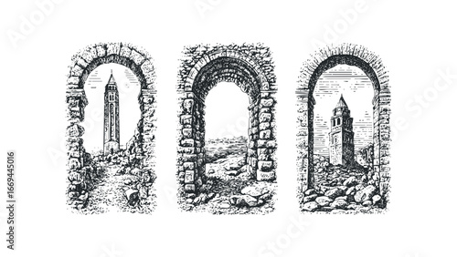 Triptych of Stone Arches Revealing Ancient Towers and Ruins in Hatch Style. Vector hand drawn illustration