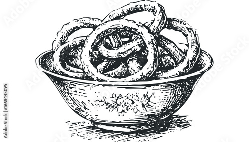 Vintage Style Drawing of Crispy Onion Rings in a Bowl. Vector hand drawn illustration